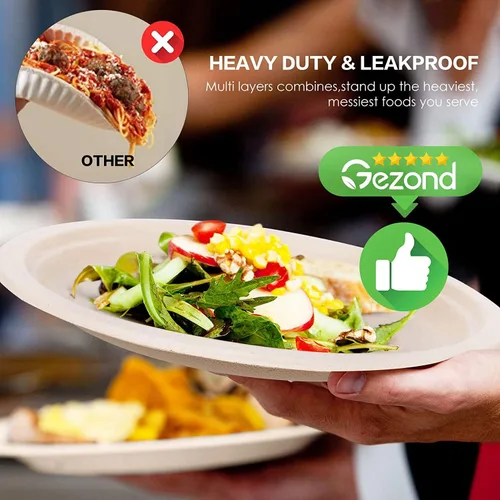 Miniatura 4 de Gezond Platos 100% compostables, platos de papel de 10 pulgadas, paquete de 125 platos desechables resistentes, biodegradables, platos de bagazo