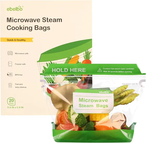 20 bolsas de vapor para microondas de 8.8 x 5.8 pulgadas para cocinar y cocinar al vapor, bolsas desechables de vapor de alimentos para verduras,