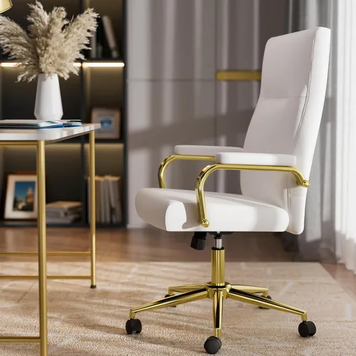 Miniatura 8 de GXJ Silla de oficina blanca y dorada de espuma viscoelástica, sillas de escritorio de cuero blanco con ruedas y brazos, silla de oficina ejecutiva