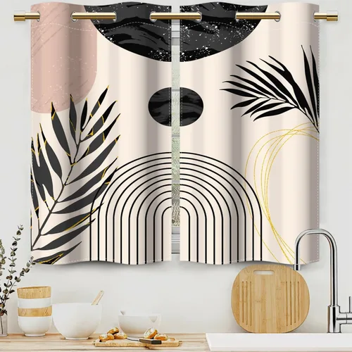 Miniatura 18 de Cortinas bohemias de cocina, diseño abstracto de mediados de siglo, arco negro, cortinas rústicas cortas para ventana de comedor, caravana, 21 x 45