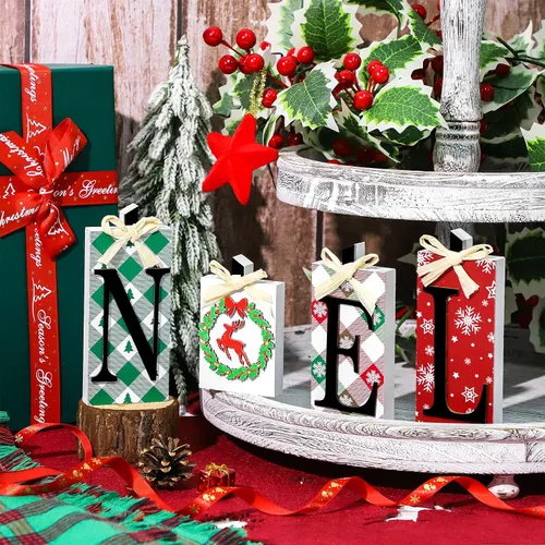 Miniatura 3 de Decoraciones navideñas de madera de Noel, 4 piezas de decoración rústica de mesa de Navidad, mesa independiente de Navidad, mesa de centro de mesa
