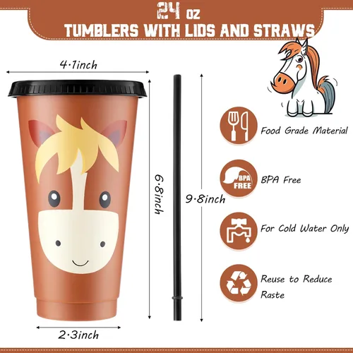 Miniatura 3 de Mifoci 24 tazas de caballo de 24 onzas con tapa, tazas de vaquero con pajita, decoraciones de cumpleaños, vasos de plástico reutilizables
