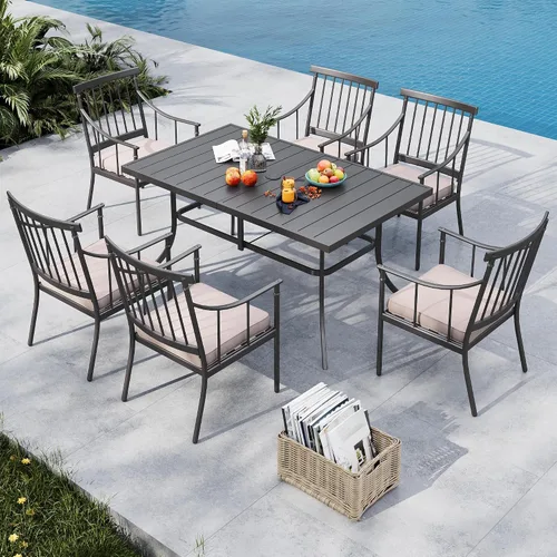 Miniatura 18 de MFSTUDIO Juego de comedor de 5 piezas de metal para patio, juego de muebles para exteriores con 1 mesa cuadrada de madera y 6 sillas de respaldo