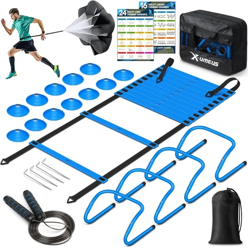 X-UMEUS Agility Ladder Speed Training Equipment Set-20ft Agility Ladder,12 Soccer Cones,4 Hurdles, Jump Rope, Running Parachute| Basketball Football