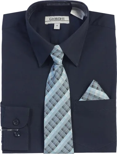 Miniatura 3 de Gioberti Camisa de vestir de manga larga para niño + corbata a cuadros, pajarita y pañuelo
