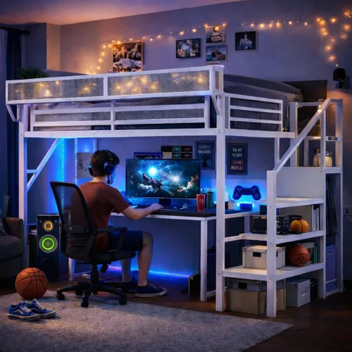 Miniatura 27 de Base de cama Queen Loft con escaleras y almacenamiento, marco de cama de metal resistente, capacidad de 800 libras, para adultos y adolescentes