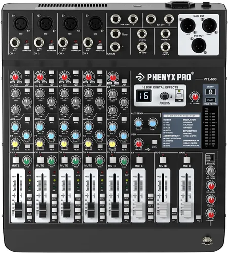 Mezclador de audio profesional de 6 canales, Phenyx Pro DJ tablero mezclador de sonido con enrutamiento flexible AUX, BUS, SUB, 16 DSP, transmisión