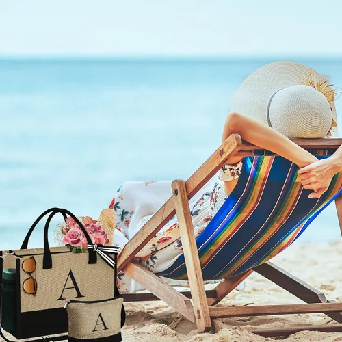 Miniatura 10 de YOOLIFE Regalos personalizados para mujeres, bolsa de yute con inicial y bolsa de maquillaje, regalos de cumpleaños para mujeres, mamá, esposa