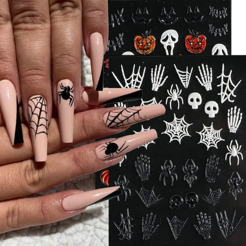 Miniatura 2 de Calcomanías de uñas de Halloween 5D, calcomanías acrílicas con ojos realistas, araña, hueso, en relieve, cráneo, fantasma, calabaza, araña