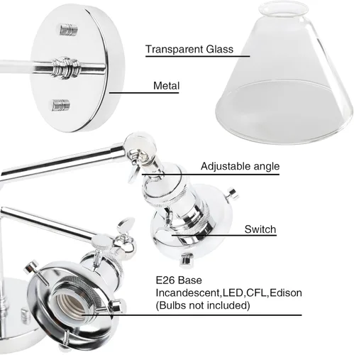 Miniatura 4 de PERMO Aplique doble cromado industrial de 2 luces, apliques de pared con pantalla de vidrio transparente acampanada en forma de embudo, luz