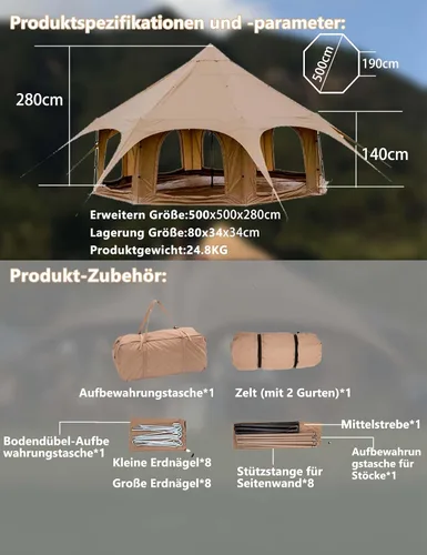 Miniatura 6 de Thcbme Tienda de campaña de lona de algodón de 5M - Yurtas con gato de estufa, resistente al viento, sombra transpirable, viajes de campamento