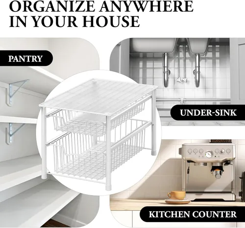 Miniatura 8 de Simple Houseware Cajón organizador apilable de cesta deslizante, blanco, 2 niveles