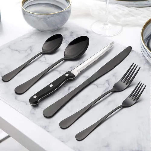 Miniatura 6 de LIANYU Juego de cubiertos negros de 36 piezas con cuchillos para carne, cubiertos de acero inoxidable para 6, utensilios de cocina modernos, acabado