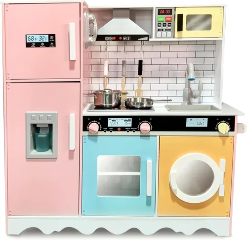 Miniatura 13 de Lil’ Jumbl Set de Cocina Azul para Niños, Cocina de Juguete de Madera, Máquina de Hielo Operada a Pilas, Microondas, Campana de Cocina, Estufa