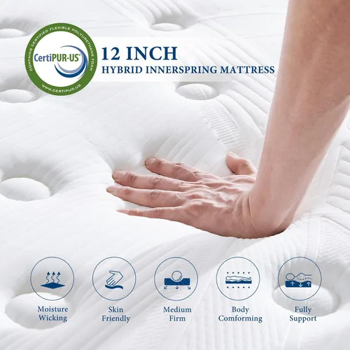 Miniatura 4 de Coolvie Colchón híbrido individual XL de 12 pulgadas, colchón individual XL en una caja, resortes individuales con capa de espuma viscoelástica que
