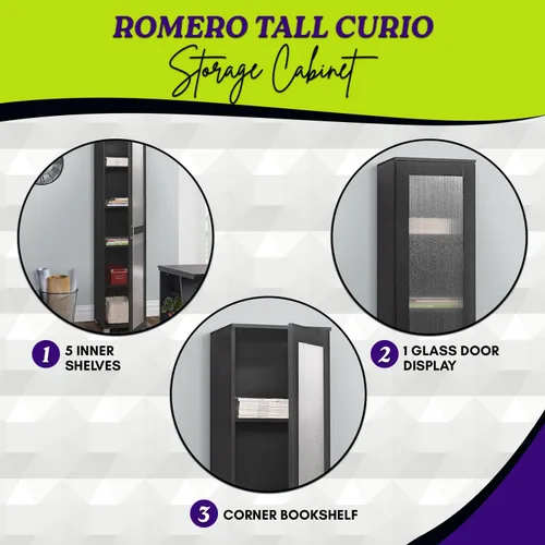 Miniatura 4 de Kings Brand Furniture Romero - Armario de almacenamiento alto Curio, estantería alta perfecta para sala de estar, cocina, dormitorio y oficina, Negro