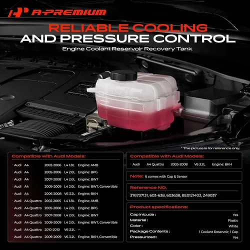 Miniatura 2 de A-Premium Depósito de botella de depósito de desbordamiento de refrigerante del motor [con tapa y sensor] Compatible con Audi A4 2002-2009, A4