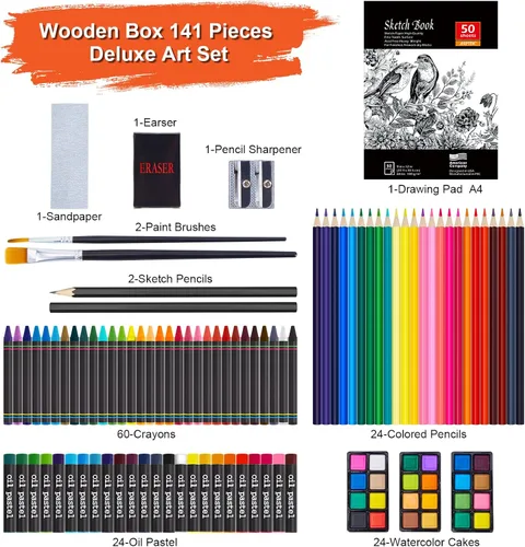 Miniatura 4 de AGPTEK Juego de arte de 141 piezas, kit de suministros de arte de lujo con crayones, lápices de colores, lápices de bocetos, pinceles de pintura