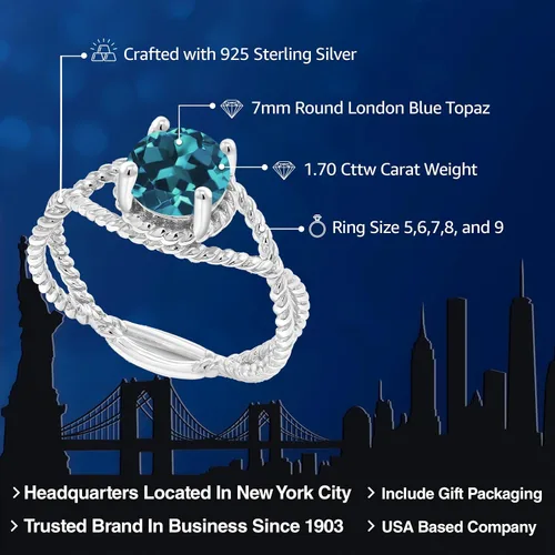 Miniatura 28 de Gem Stone King 7MM Round Gemstone Birthstone Solitaire Ring for Women Twisted Rope Band in 925 Sterling Silver Available in Sizes 5, 6, 7, 8, 9