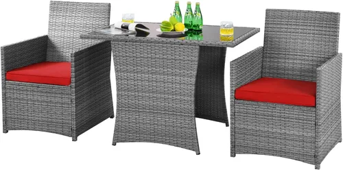 HAPPYGRILL Juego de muebles de patio de 3 piezas, juego de mimbre de ratán PE para exteriores, con cojines lavables y mesa de vidrio templado, para