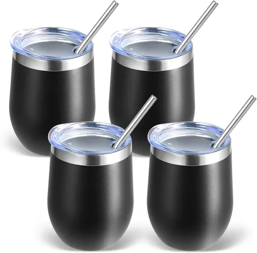 Miniatura 13 de Volhoply - Juego de 12 vasos de vino de 12 onzas con tapa, hechos de acero inoxidable con aislamiento al vacío de doble pared, vasos de vino sin Rosa