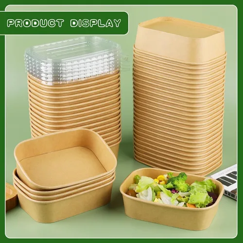 Miniatura 7 de Paquete de 25 cuencos de papel de 19 onzas, recipientes desechables con tapas, cuencos rectangulares desechables con tapas, cuencos de ensalada