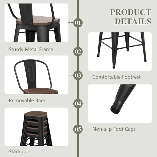 Miniatura 6 de Juego de 4 taburetes de bar de altura de mostrador para isla de cocina, estilo granja, sillas de bar de metal con respaldo alto, asiento de madera