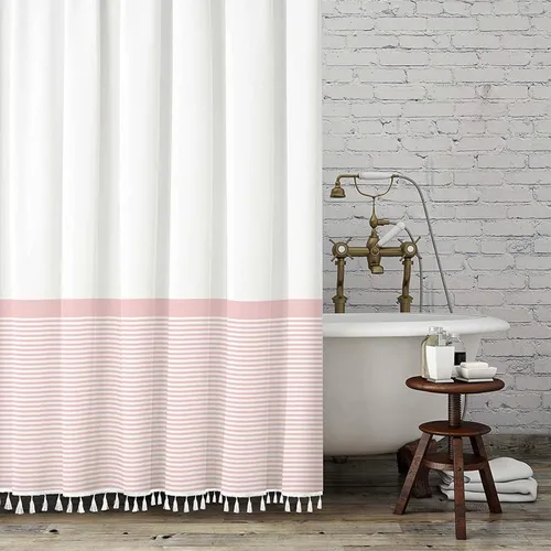 Miniatura 18 de Cortina de ducha gris Seasonwood Moderna de tela con borlas blancas, cortinas de ducha estilo casa de campo a rayas, impermeable, 72x72 pulgadas
