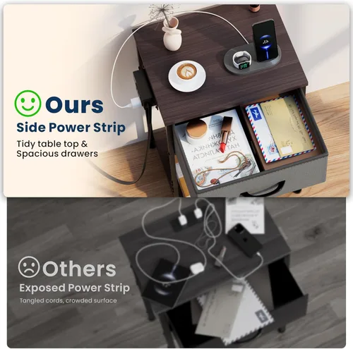 Miniatura 6 de Whitmor Mesita de noche con estación de carga, mesita de noche con cajón de tela y estante de almacenamiento, mesa auxiliar con puertos USB y tomas