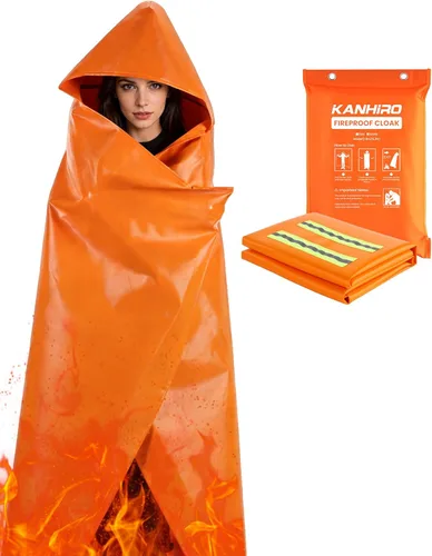 Emergency Fireproof Cloak with Hood – KANHIRO 1076°F Heat Resistant Fire Escape Poncho, Extra Large Silicone Coated Fire Blanket Cape for Home,