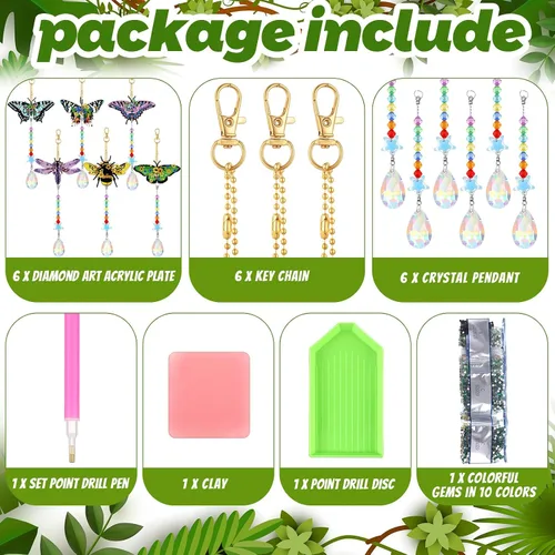 Miniatura 4 de Tradder 6 carillones de viento con diseño de mariposa y diamantes para decoración de árbol de verano, kit de arte de diamantes con colgante