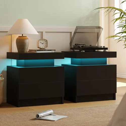 Miniatura 10 de Juego de 2 mesitas de noche con 2 cajones de madera, moderna mesita de noche LED para dormitorio LED Night Stand set 2,Night Stands set of 2 for