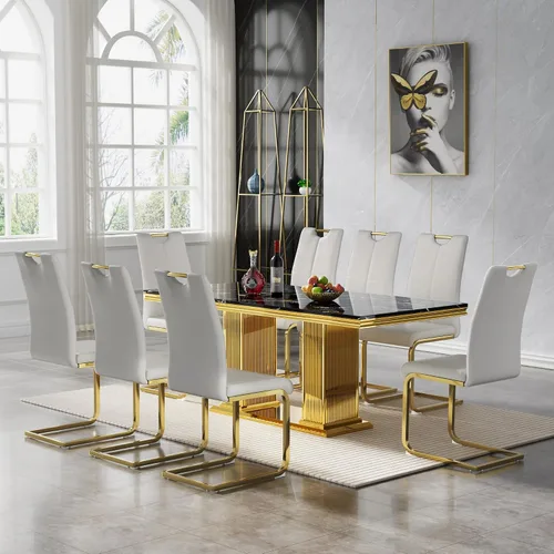 Miniatura 59 de 5 Piece Black Marble Dining Table Set for 4, Modern Faux Marble Kitchen Dining Room Tables with 4 Leather Chairs Set, 68.11" Luxury Rectangular