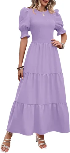 Miniatura 138 de BTFBM Vestidos para mujer, cuello redondo, casual, de verano, con volantes, manga corta, bohemio, con niveles, fruncido, largo, con estampado floral