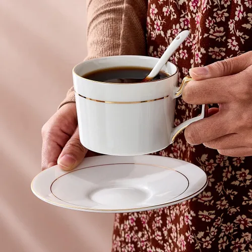 Miniatura 2 de Juego de tazas de té y platillos de porcelana, tazas de té de 6 onzas con borde dorado, tazas de café blancas y tazas con soporte para capuchino