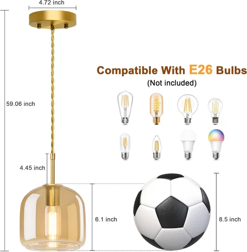 Miniatura 3 de Luces Colgantes de Isla de Cocina - Luz Colgante Dorada, Luces Colgantes de Latón Estilo Granja con Pantalla de Vidrio Ámbar, Luz Colgante Ajustable