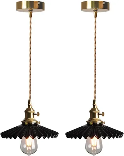 Lámpara colgante de cerámica negra para isla de cocina, pantalla festoneada de cerámica, estilo granja, vintage, luces colgantes de techo con