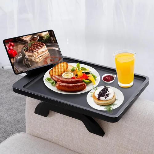Miniatura 14 de SINWANT Mesa de Brazo para Sofá, Mesas de Reposabrazos de Sofá de Madera de Acacia, Mesa de Reposabrazos de Sofá con Soporte para Teléfono de 360°