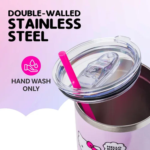 Miniatura 3 de Silver Buffalo - Vaso de acero inoxidable Sanrio Hello Kitty con flores de primavera y verano y rayas arcoíris, con asa y popote, compatible