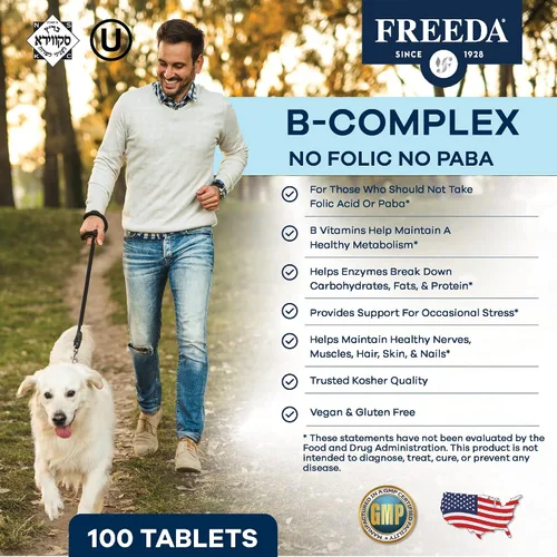 Miniatura 2 de Freeda Complejo de vitamina B, sin fólico, sin PABA, suplemento vitamínico kosher complejo súper B con vitamina B1, vitamina B2, vitamina B3
