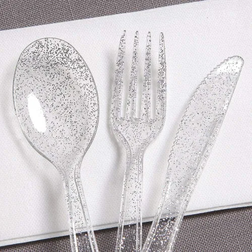 Miniatura 2 de WDF Cubiertos de plástico plateado 360 - Cubiertos de plástico desechables con purpurina plateada - cubiertos desechables que incluyen: 120 Escarcha