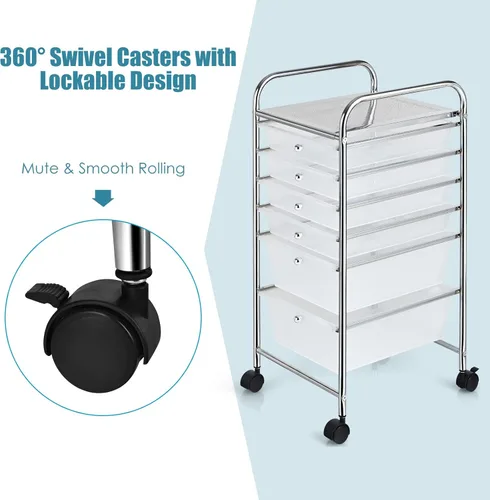 Miniatura 7 de Happygrill Carrito organizador de 6 cajones, carrito de almacenamiento móvil con cajones extraíbles y ruedas con cerradura, carrito de Transparente