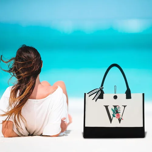 Miniatura 93 de Bolsa de lona con inicial, regalos de cumpleaños personalizados para mujeres, madres, amigas y profesoras, bolsas de mano con monograma adecuadas