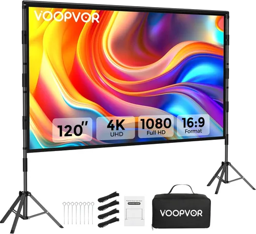 Pantalla de Proyector para Exteriores con Soporte: VOOPVOR Pantalla de Proyector Portátil de 120 Pulgadas para Interiores - Pantalla de Película