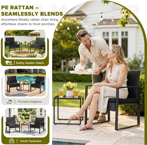 Miniatura 3 de Flamaker Juego de muebles de mimbre para patio al aire libre, 3 piezas, modernos juegos de conversación de sillas de ratán con mesa auxiliar