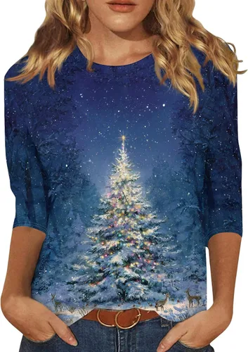 Miniatura 137 de Camisetas de manga 3/4 para mujer, cuello redondo, holgadas, casuales, con estampado floral, camisetas de moda para el trabajo de negocios