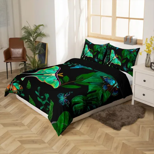 Miniatura 2 de Erosebridal Juego de funda de edredón de mariposa colorida con hojas de palmera y plátano, tamaño Queen, hojas tropicales hawaianas, funda