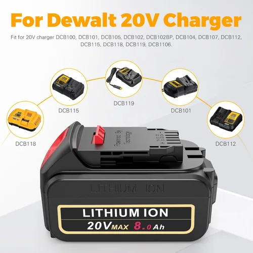 Miniatura 4 de Labtec Paquete de 2 baterías de repuesto de 8.0Ah 20V Max compatibles con herramientas Dewalt 20V XR, reemplazo DCB206 DCB200 DCB204 DCB201 DCB207