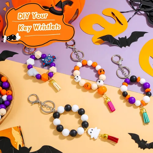 Miniatura 4 de 221 cuentas de silicona de Halloween para hacer llaveros, cuentas focales de silicona a granel con cuentas sueltas de 0.591 in y 0.551 in, cuentas
