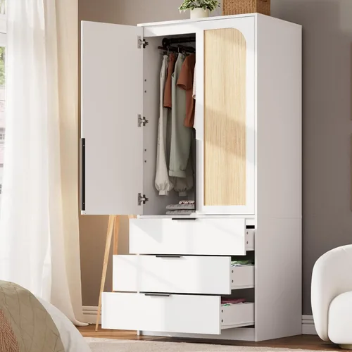Miniatura 9 de GarveeHome Armario para guardar ropa con cajones, armario de madera de 69.5 pulgadas con barra para colgar, armario de almacenamiento para ropa